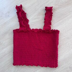 Hollister Red Smocked Crop Top Womens Size S Off Shoulder Ribbed Stretch